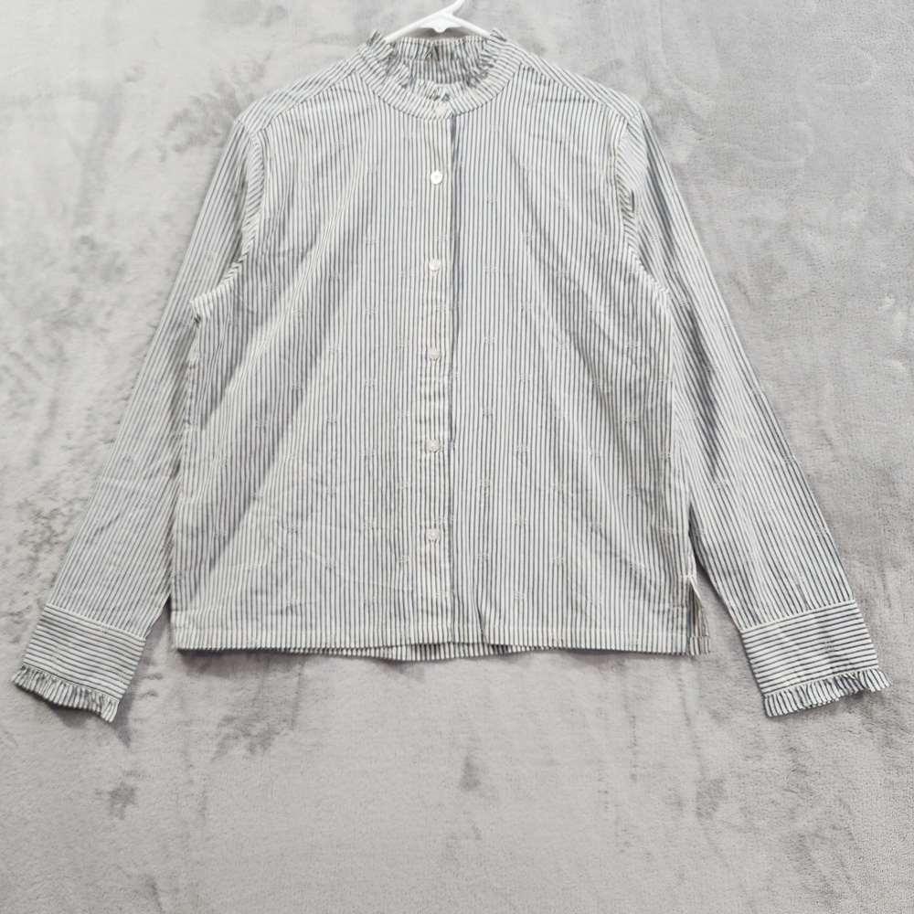 Pendleton Shirt Womens S Blue Stripe Ruffle Collar Button Long Sleeve Cotton